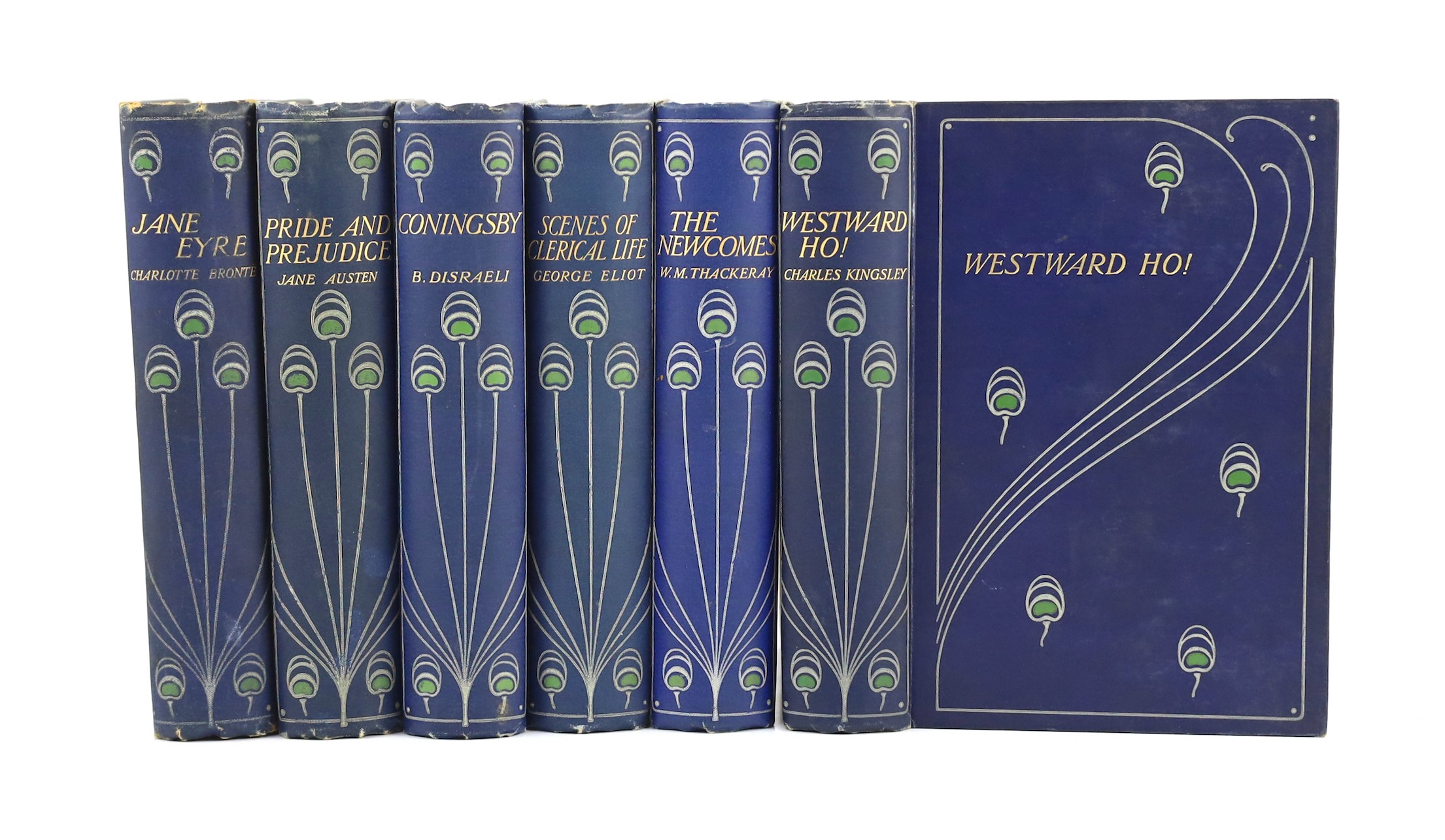 Art Nouveau Peacock bindings by Talwin Morris (1865-1911) - Austen, Jane - Pride and Prejudice, illustrated by Christiana Hammond; Bronte, Charlotte - Jane Eyre, illustrated by John. H. Bacon; Kingsley, Charles - Westwar